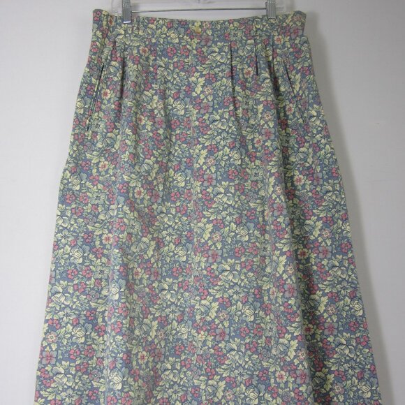 Vtg LL Bean Women XL Blue Pink Floral Heavy Cotton A Line Front Zip Pleats 35" - Picture 4 of 12